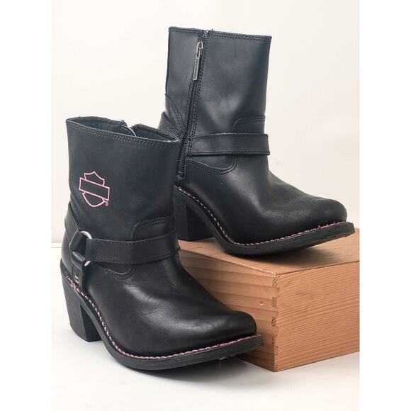 Harley-Davidson Black Leather Heeled Boots Women's Sz 7.5 - Picture 2 of 10
